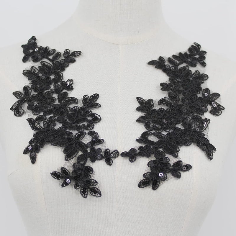 SEMCICOR Set of 2 Sequin Flower Patches Lace Applique Embroidered Trim Applique Motif Wedding Gown Dress Bridal DIY Crafts(Black) - Image 2